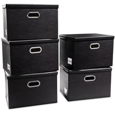 Large Stackable Storage Boxes with Lids 5-Pack Leather Fabric Foldable Stor...