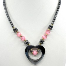 Hematite Heart Necklace Pink Cat Eye Beads Y2K Boho Statement Layering Jewelry
