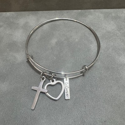 Expandable Silver Charm Bangle Bracelet Cross Heart Believe Inspirational Jewelr