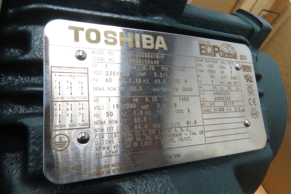Toshiba EQP Global AC Motor 1Hp 1765 RPM 230/460V 3PH 56 Frame 0014SDSR41H-P - Image 3 of 4