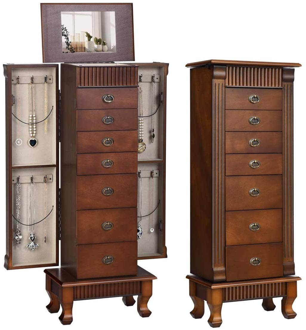 Jewelry Armoire Freestanding Wooden Jewelry Cabinet Mirror Jewelry Storage Organ