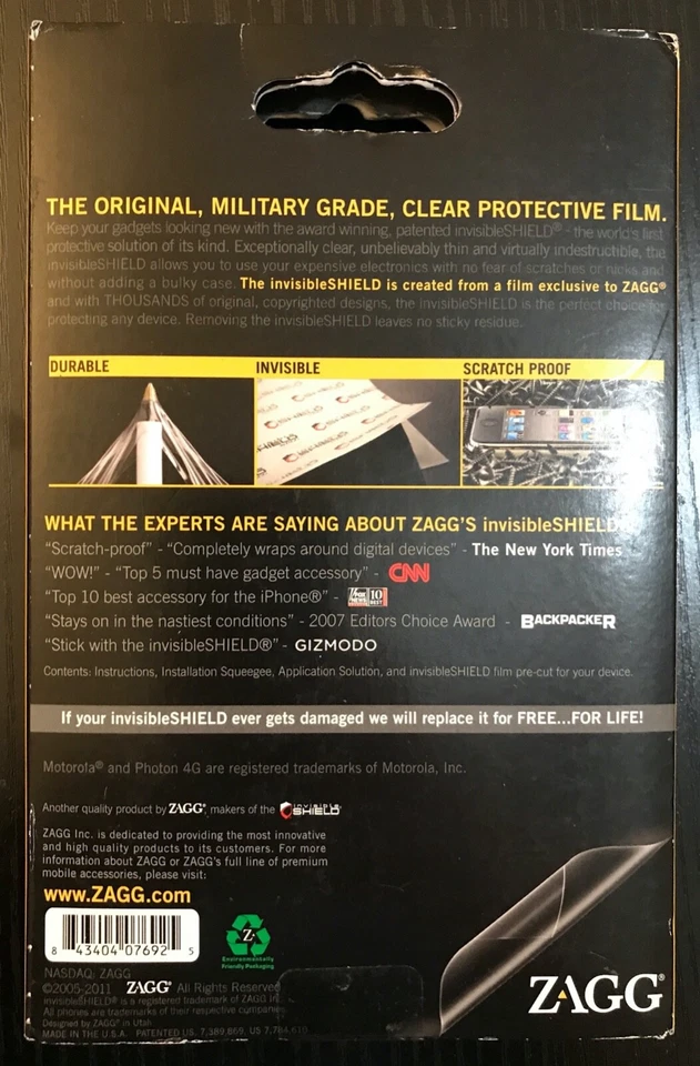 LOTE de 2 Protectores de Pantalla Zagg InvisibleShield para Motorola PHOTON 4G NUEVOS EN CAJA Foto 3 de 4