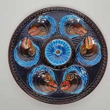 Antique French Majolica 10" Fish Head Oyster Plate Hand Painted Blue Brown