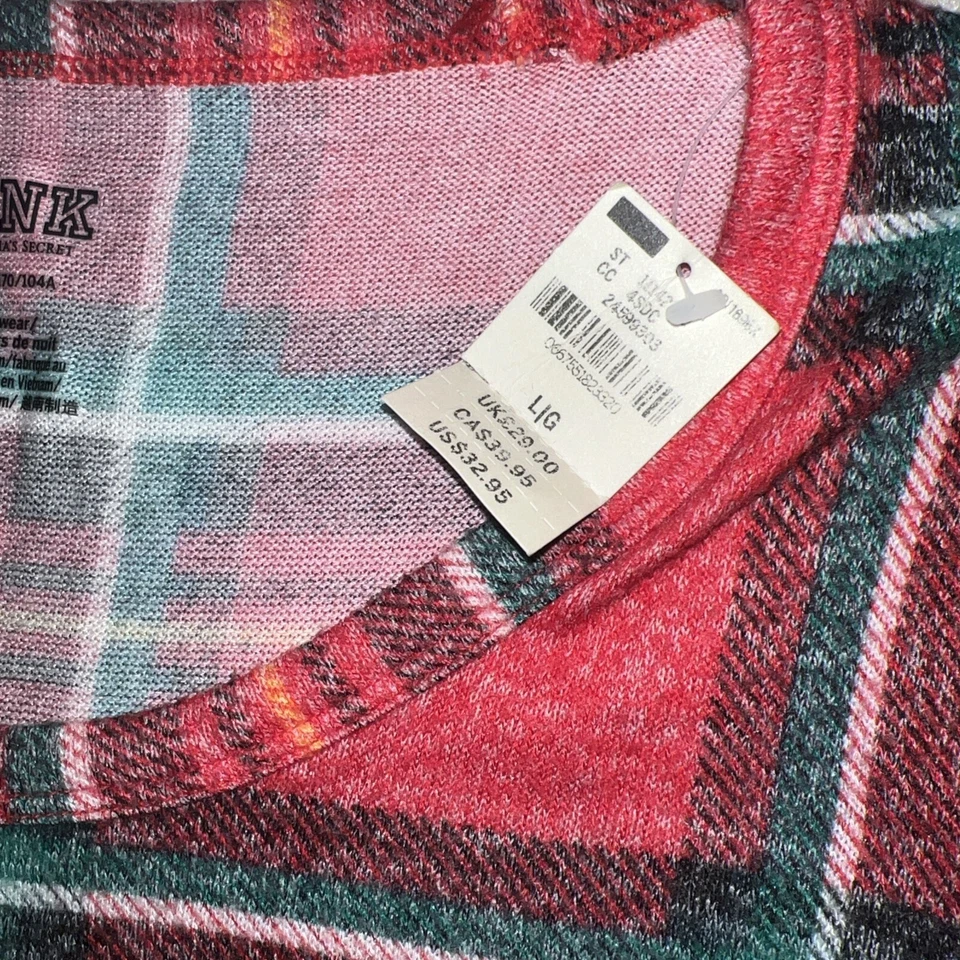 VICTORIA'S SECRET PINK COZY LONG SLEEVE SLEEP TEE PAJAMA TOP PJ LARGE Red Plaid- - Image 3 of 4