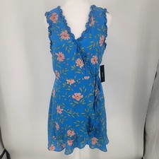 Lulus Lavina Blue Floral Ruffled Wrap Dress Sleeveless Mini Size Medium NEW