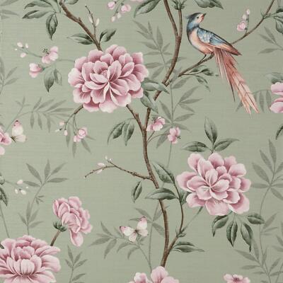 Edles Dekor Akina Floral Salbeigrün Tapete Blumen Vögel Blätter Struktur Vinyl