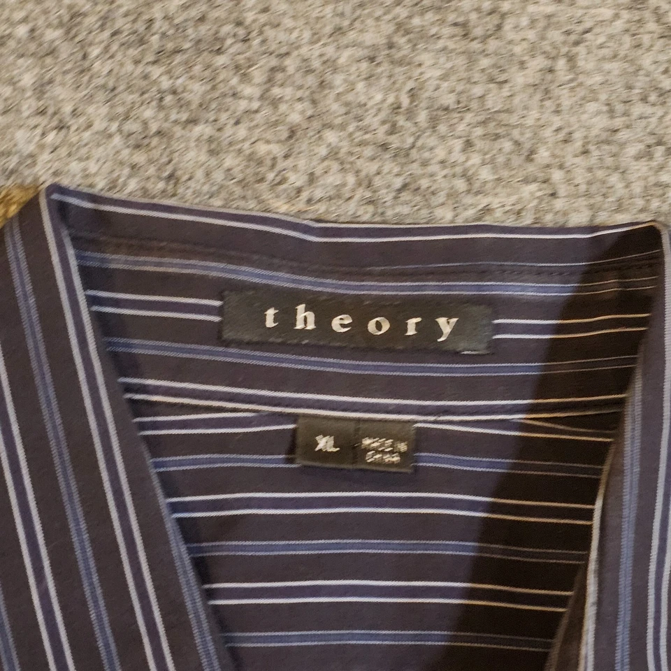 Theory Shirt Mens XL Black Blue Striped Button French Cuff Long Sleeve Career - Image 3 of 4
