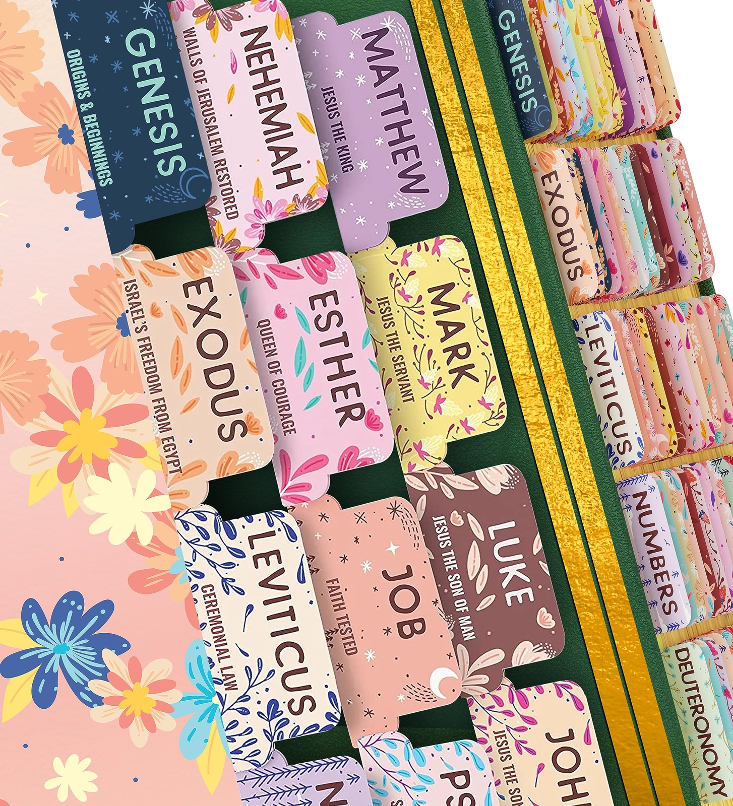 Pastel Bloom Bible Tabs with 66 Peel-and-Stick Summaries for Soul Nourishment