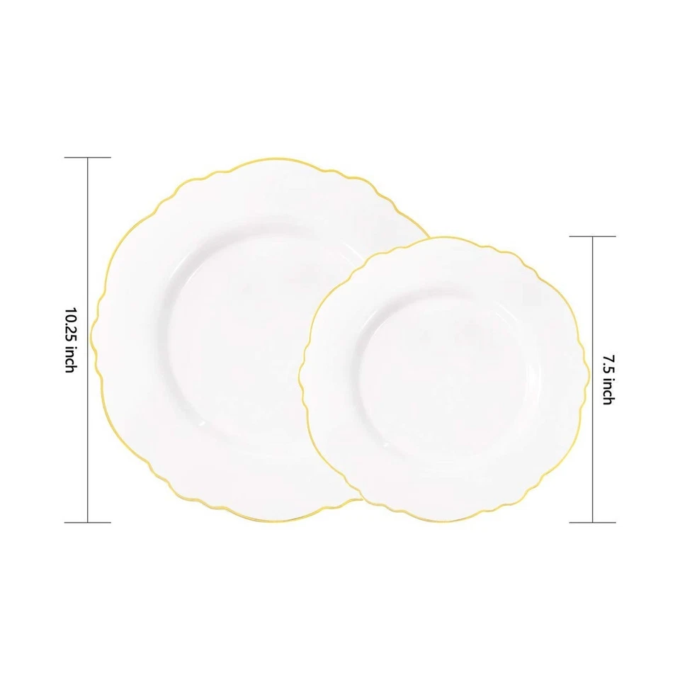 100 золотых пластиковых тарелок WDF — 60 золотых пластиковых тарелок — барочный белый - Изображение 3 из 4