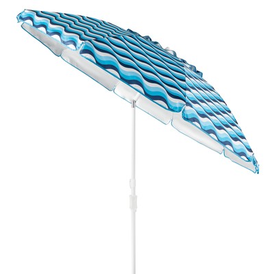 7.5' Beach Umbrella with Tilt,Sand Anchor,Blue Wave Print, UV 50+ Sun Protection