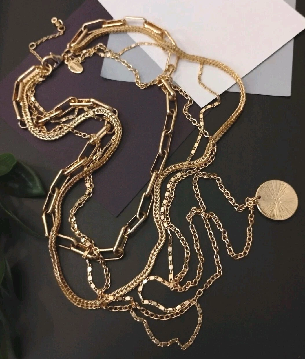 VETEMENTS Collana marca EXPRESS triplo tono oro catene miste testurizzate 17"+ goccia a Y!