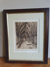 Antique Signed Etching  Cloister Walk Westminster E Burrows  in oak frame