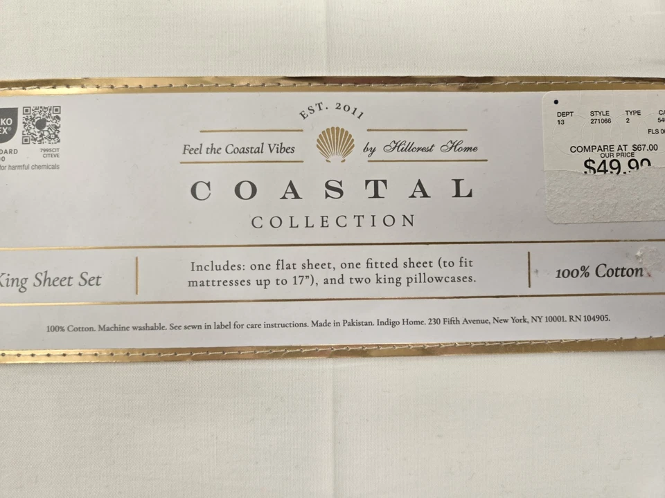 Набор простыней Coastal Collection King 4 шт. белый 100% хлопок новый - Изображение 2 из 3