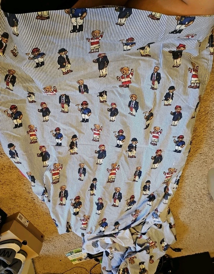 Ralph Lauren Twin Приталенная плоская простыня Винтажный поло плюшевый мишка полоска США - Изображение 3 из 3