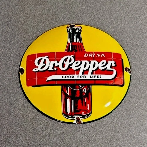 VINTAGE 12” 1939 DOMED DR PEPPER PORCELAIN SIGN CAR GAS OIL TRUCK MOTORCYCLE