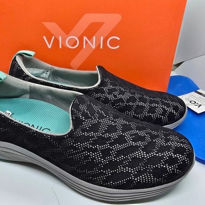 Vionic Agile Hydra slip-on sneakers in black mesh with a gray sole