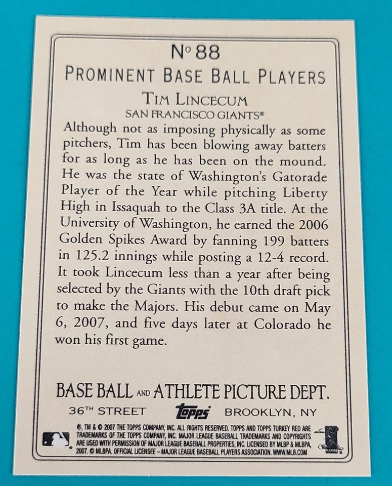 2007 Topps Turkey Red RC #88 Tim Lincecum San Francisco Giants BASEBALL Card 1C - Image 2 of 2