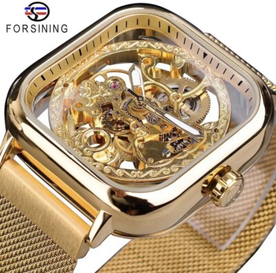 Forsining Golden Men Automatic Watch Square Skeleton Mesh Steel Mechanical New