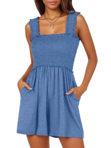 Womens Casual Smocked Rompers Square Neck Sleeveless Loose Shorts Jumpsuit Beach - Picture 13 of 14