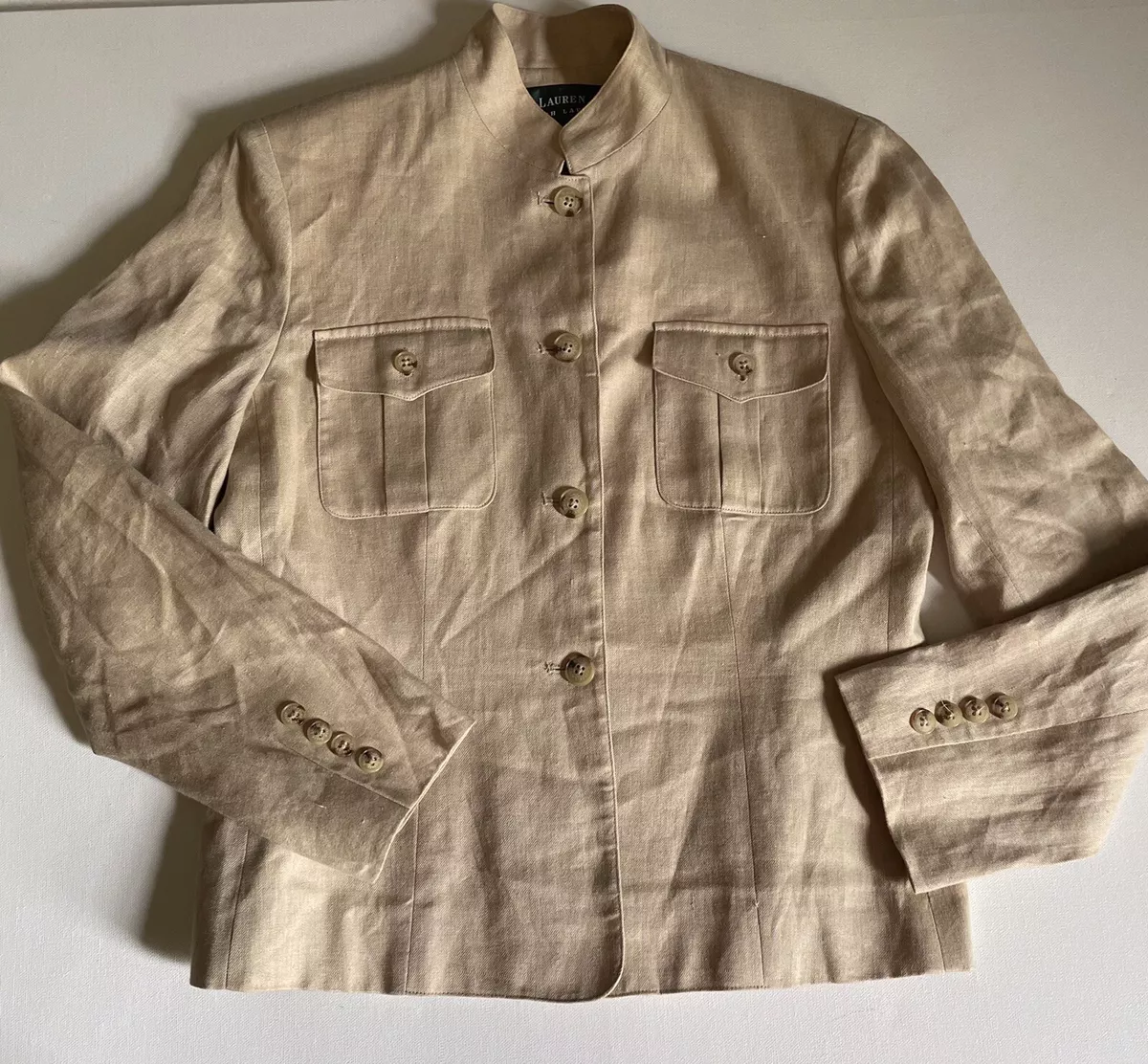 LAUREN RALPH LAUREN 100 LINEN BLAZER Mandarin Collar Tan Beige