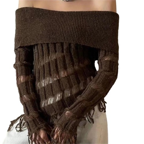 Shoulder Sweater Women Tassels Asymmetrical Hem Knitted Pullover Jumpers Top - Picture 23 of 23