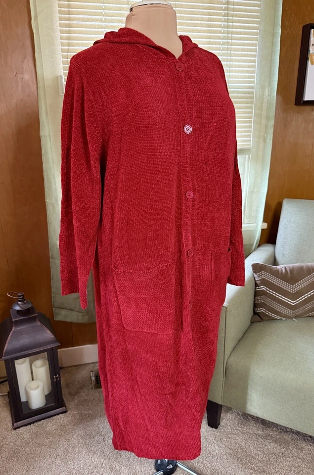 Cardigã Denim & Co Botão Frontal Suéter Espanador com Capuz - Vermelho (Tamanho 1X) - Imagem 3 de 4