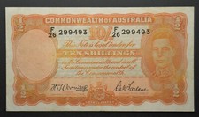 Australian 1942 10 Shilling Armitage McFarlane KGVI Banknote R13    'F26 299493'