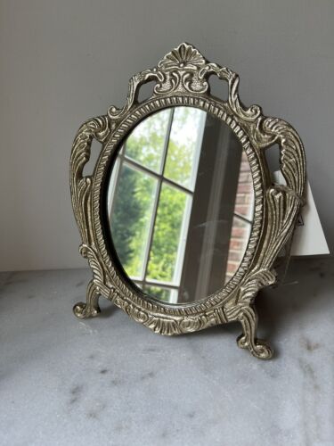 Ornate Metal Framed Mirror Tabletop Makeup Vanity Mirror Antique Style - Picture 1 of 14