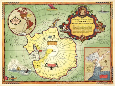 Admiral Byrd 1930s Antarctic Expedition Historic Map - 20x28