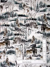Animal Wolf Fabric Scenic Snow Wolves Trees Wildlife Cotton By The Yard