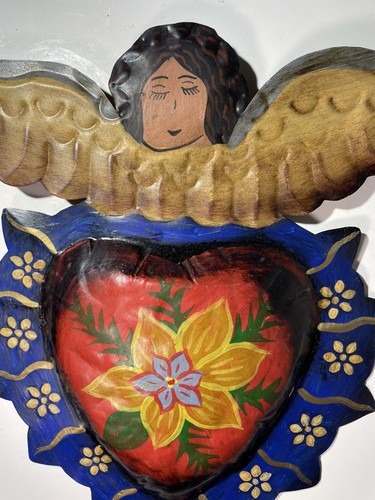 VTG Mexico Tin Metal Angel Wall Hung Decoration Sign Figure Hand Painted 10" - Picture 2 of 19