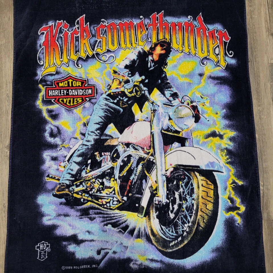 Vintage 1980s Harley Davidson Kick Some Thunder Beach Towel Motorcycle Bath Pool - Image 2 of 4
