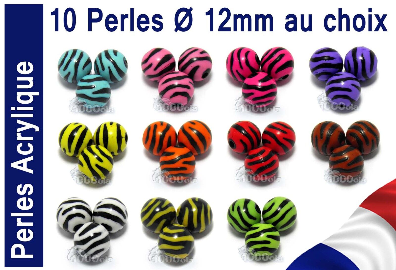 Lot PERLES Acrylique Zébrée Ø 12mm pour vos Création Bijoux, Bracelet 