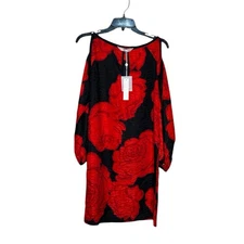 Trina Turk 100% Silk Cold Shoulder Black Red Floral Pattern Dress Women’s 0 NWT