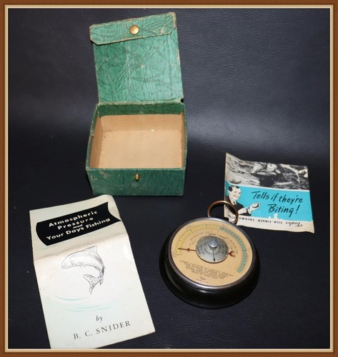 VINTAGE - 1939 TAYLOR INSTRUMENTS FISHING BAROMETER - ORIGINAL BOX & PAPERS