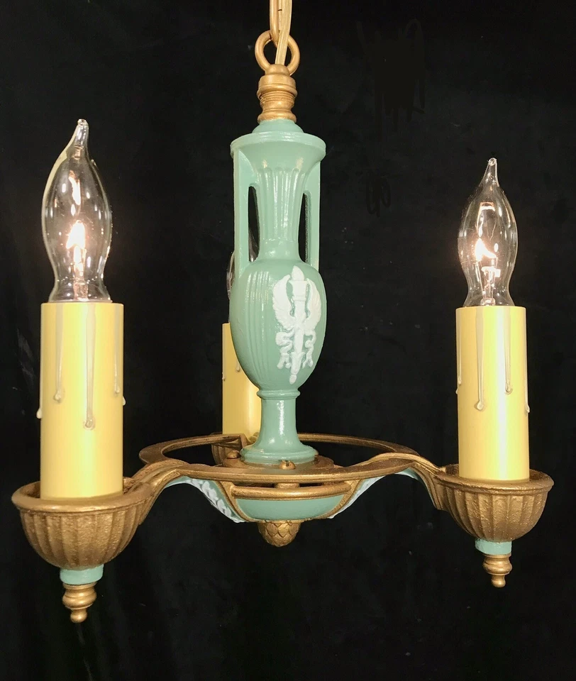 Antiguo accesorio colgante de salón de 3 luces de colección Imperio Francés victoriano policromado Foto 3 de 4