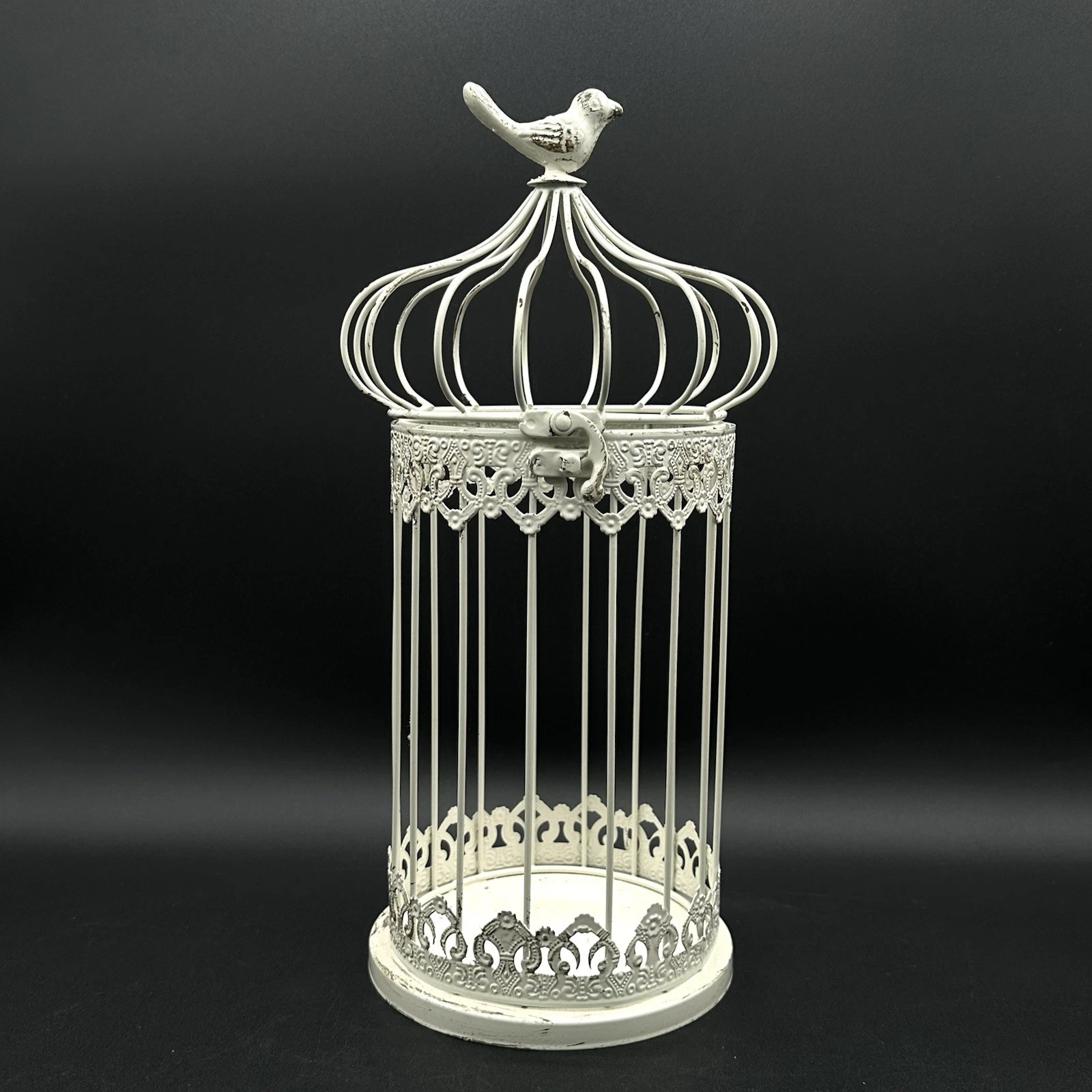 Rustic Metal Bird Cage Finial Cream Color Latch Opening Decorative 12 X 5.5 Inch