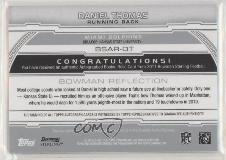 2011 Bowman Sterling Auto Relics Daniel Thomas #BSAR-DT Rookie Auto RC - Image 2 of 2