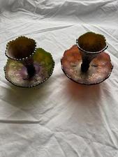 Iridized Glass Compote Set Early 20th Century Antique Rare Unique Grape Vine