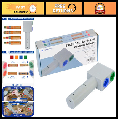 Electric Coin Wrapper Crimper Tool - Color Coded with 16 Assorted Coin Roll Wrap