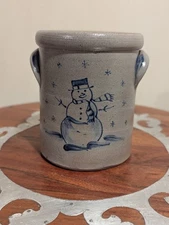 Vintage 2002 Rowe Pottery Works Salt Glazed Cobalt Decorated Snowman Crock 5.5"