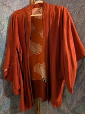 Vtg Japanese Kimono Jacket, Red With Colored Crane Lining