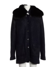 Loewe Wool Cardigan Detachable Fox Fur Collar Coated Wool Navy Coatigan