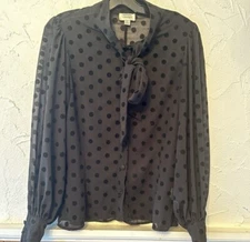 Unique Vintage Sheer Black Flocked Polka Dot Tie Neck Gwen Blouse Size Medium