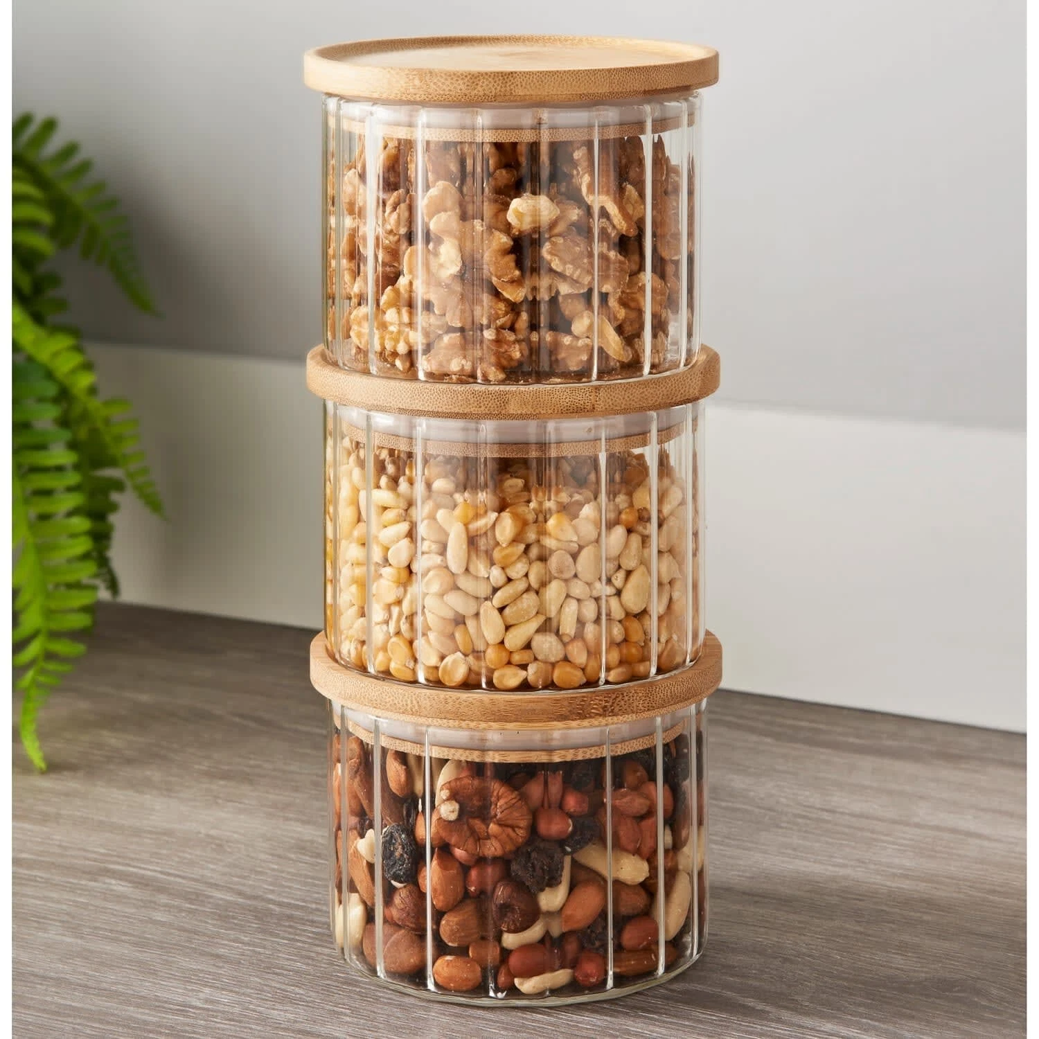 Stackable Ribbed Jars - Set of 3 with Wooden Airtight Lids for Kitchen Storage N
Opens in a new wind