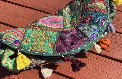 Boho Bohemian Moroccan Handmade Fringe Footstool Cover Green Patchwork NEW - Picture 3 of 19