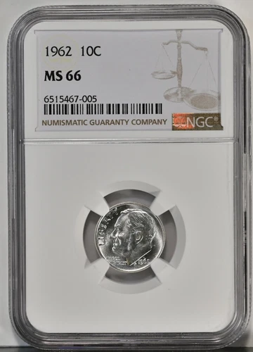 1962 10C Roosevelt Dime Coin NGC MS 66 Bright Shine 5124 Bright White