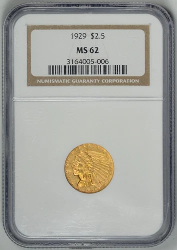 1929  $2.5 Gold Indian NGC  MS62  *  Philadelphia Mint  *  #3164005-006