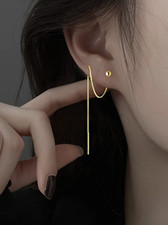 Women Sterling Silver Threader Earrings Gold Long Chain Tassel Stud Drop Dangle