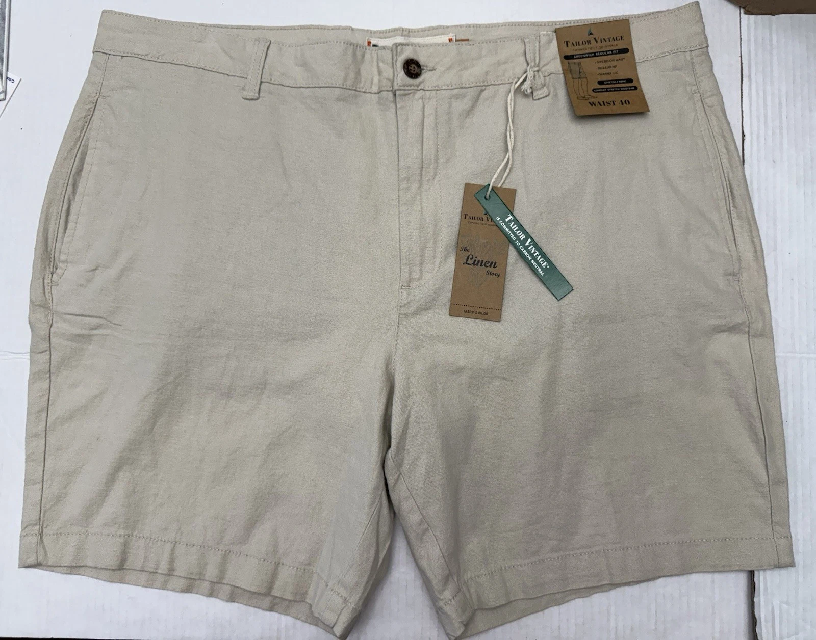 Tailor Vintage Greenwich Regular Fit Linen Blend Shorts Men’s 40 Stone NWT 8"